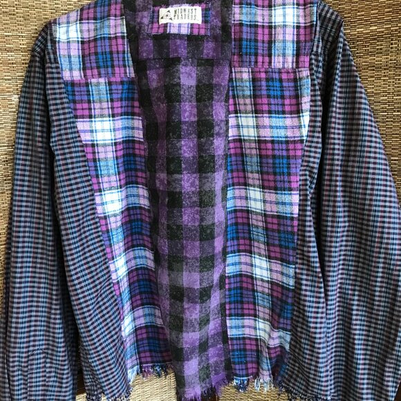 Mixed Print Button-Down Shirt, M: Upcycled Artsy Color Block Purple Black Top - Picture 8 of 12